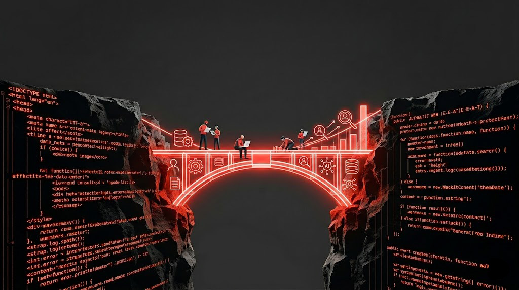 A glowing bridge connecting two cliffs of code, representing Authentic Web and E-E-A-T