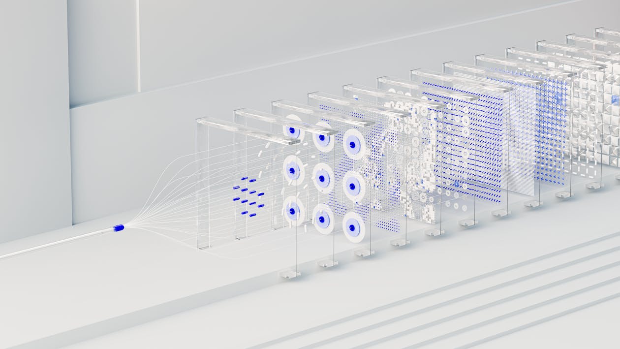 3D illustration of interconnected neural network pathways in blue and white, representing AI deep learning