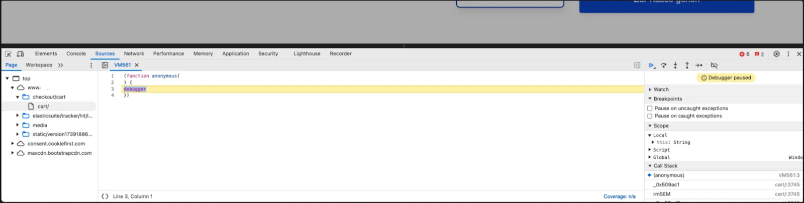Browser console showing debugger loop injection