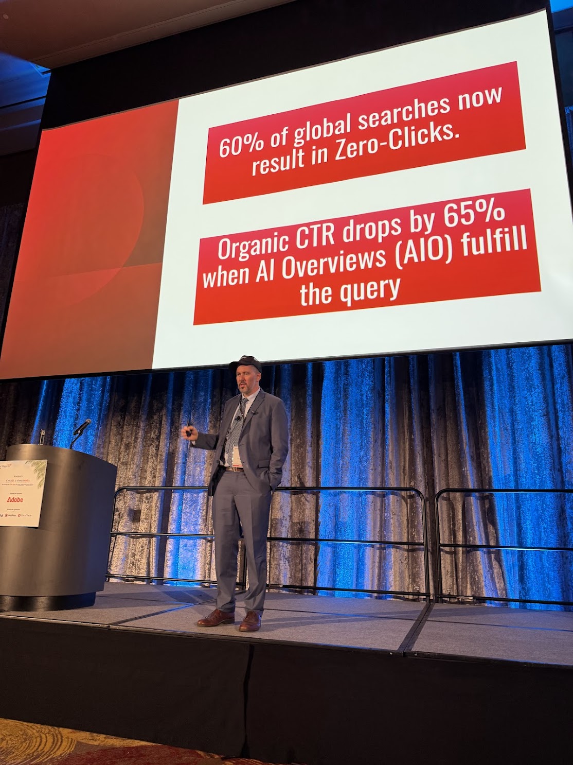 Shawn Basey on stage at Meet Magento Florida 2026 presenting AI in SEO strategy