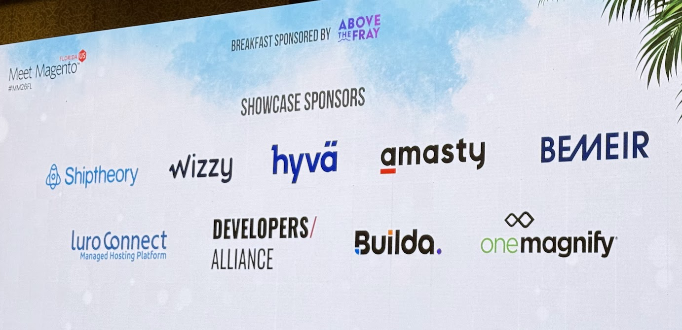 Meet Magento Florida 2026 Showcase Sponsors including Developers Alliance, Hyvä, Amasty, Shiptheory, Wizzy, Bemeir, Luro Connect, Builda, and One Magnify